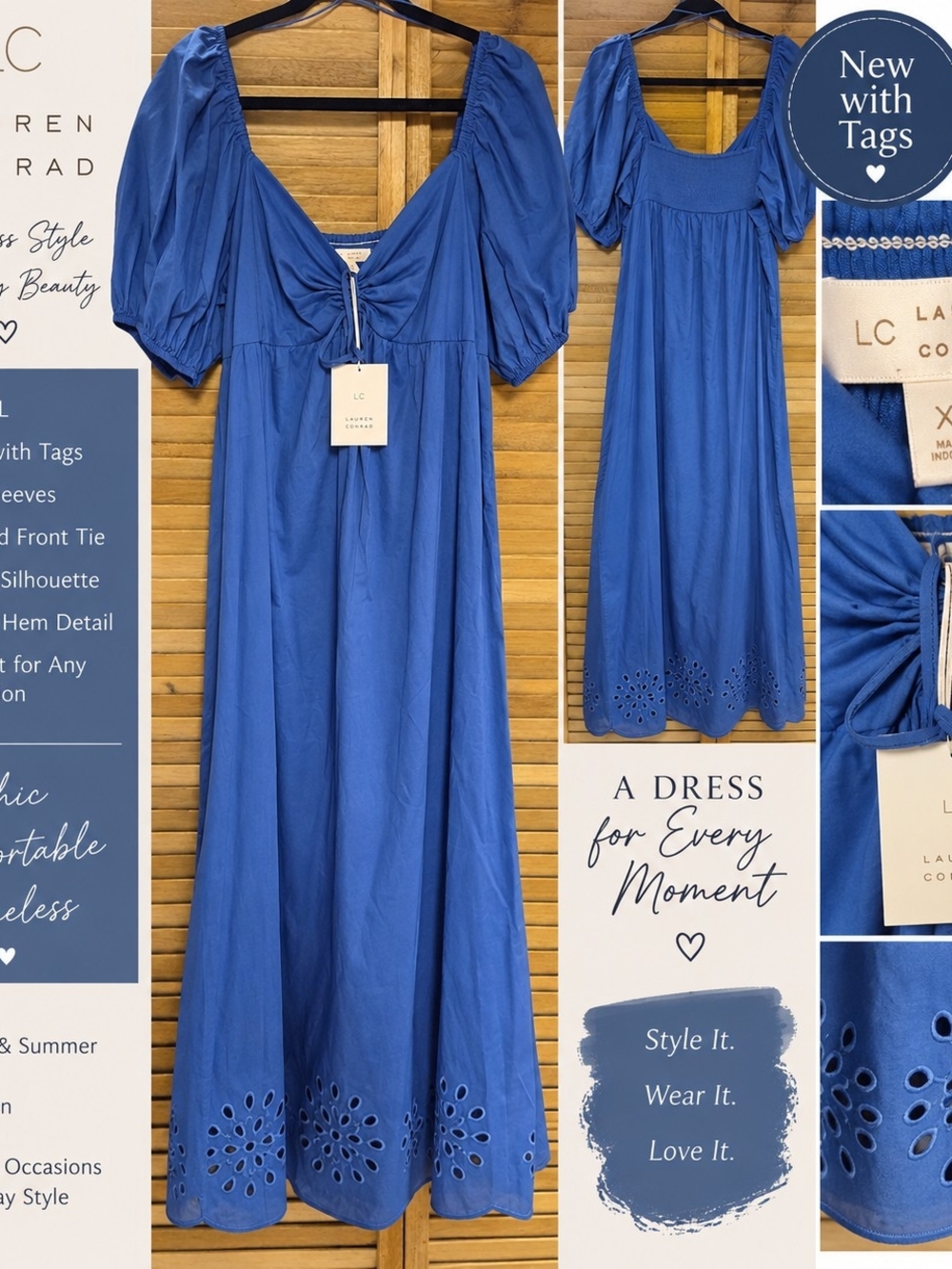 LC Lauren Conrad Royal Blue Puff Sleeve Eyelet Maxi Dress
